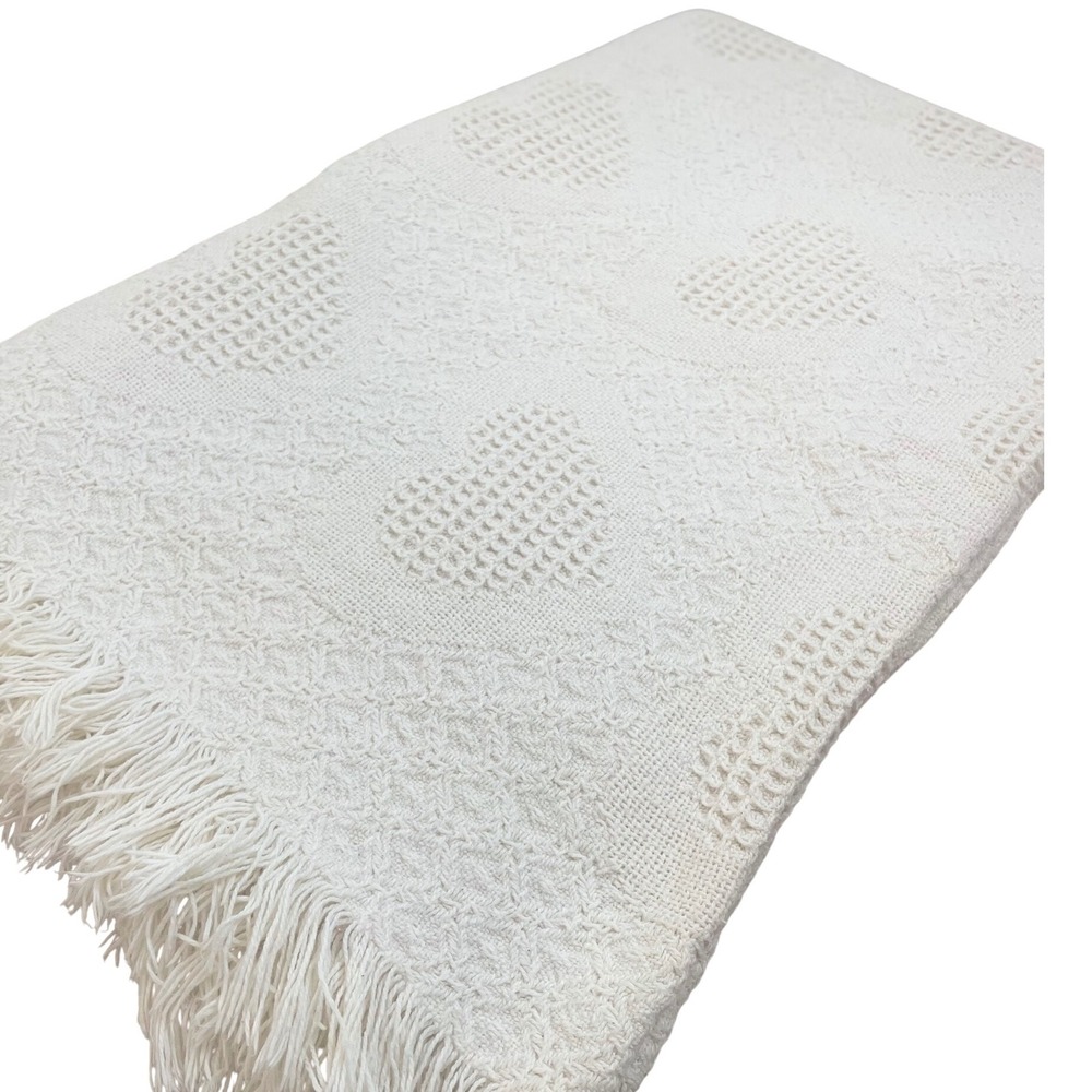 Vintage Cream Knit Heart Throw Blanket Fringe Trim Off White Cottagecore 47x58
